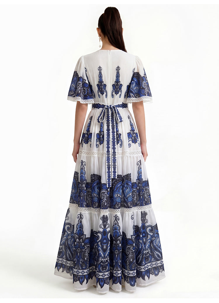 Royal Blue Tile Print Flutter-Sleeve Maxi Dress