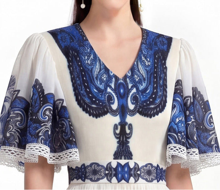 Royal Blue Tile Print Flutter-Sleeve Maxi Dress