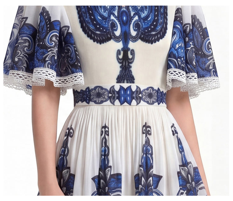 Royal Blue Tile Print Flutter-Sleeve Maxi Dress