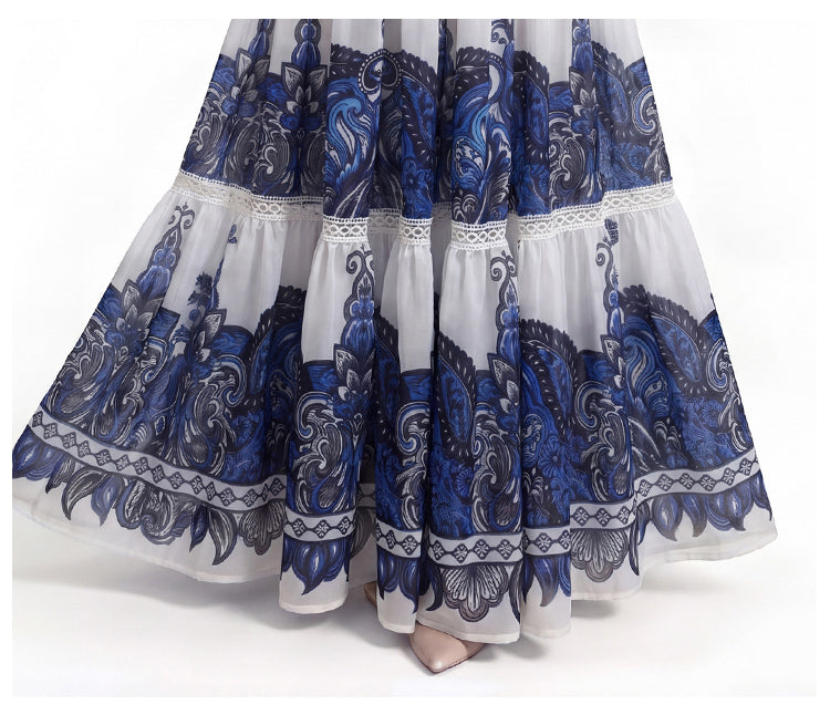 Royal Blue Tile Print Flutter-Sleeve Maxi Dress
