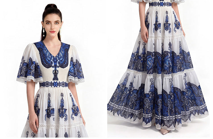 Royal Blue Tile Print Flutter-Sleeve Maxi Dress
