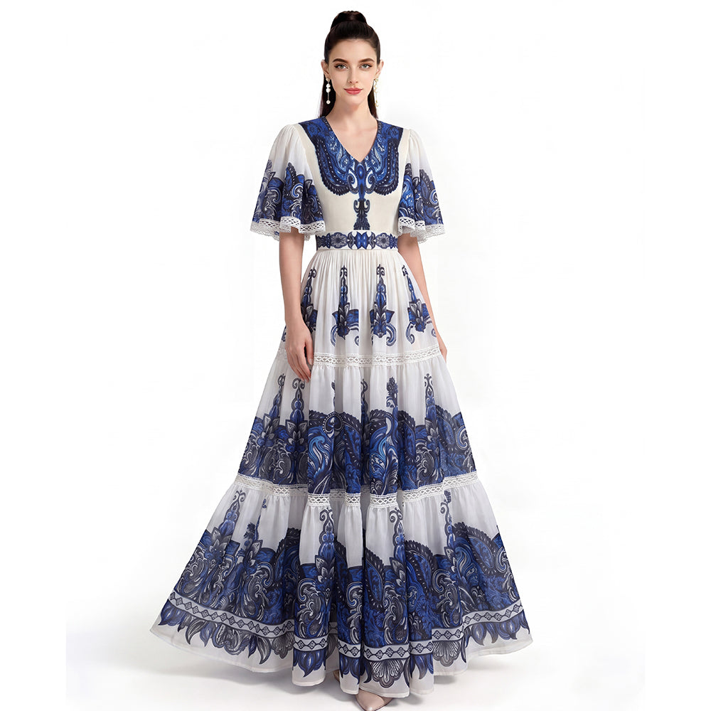 Royal Blue Tile Print Flutter-Sleeve Maxi Dress
