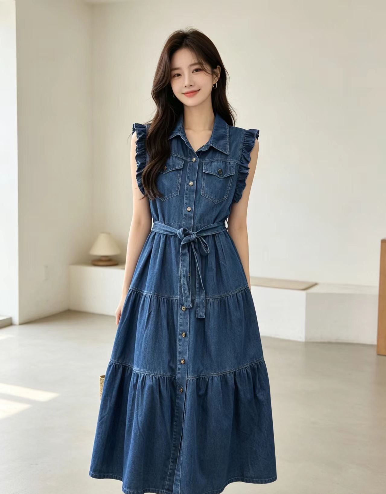 Ruffle Sleeve Tiered Denim Midi Dress with Belt
