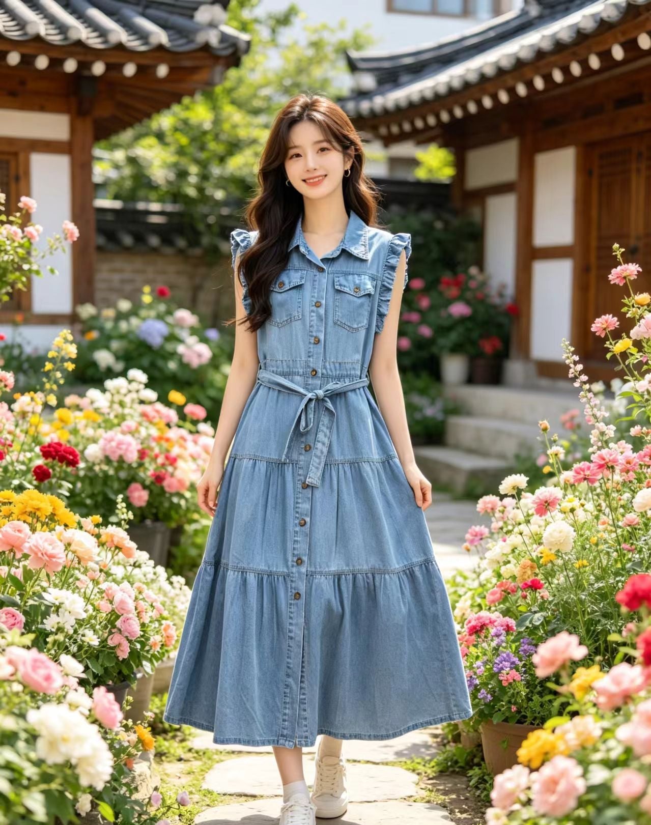 Ruffle Sleeve Tiered Denim Midi Dress with Belt