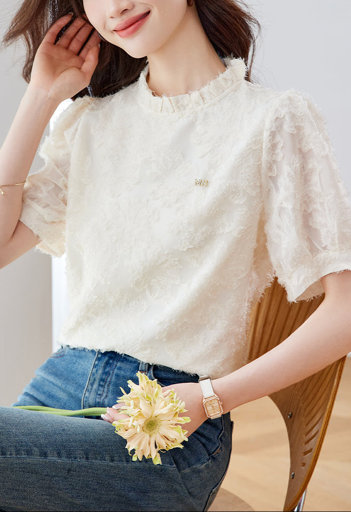 Elise Ruffled Mock-Neck Lace Blouse