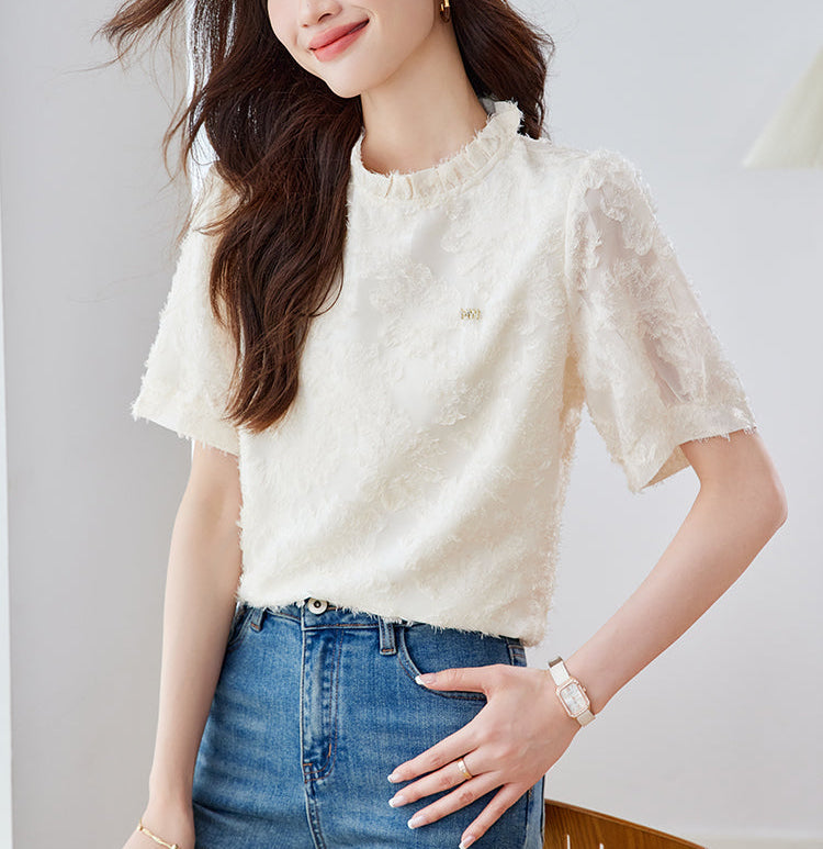 Elise Ruffled Mock-Neck Lace Blouse