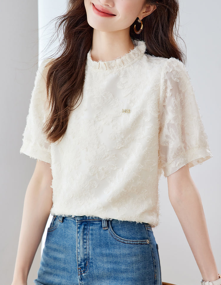 Elise Ruffled Mock-Neck Lace Blouse