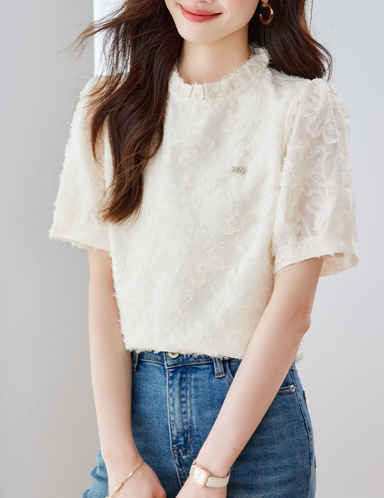 Elise Ruffled Mock-Neck Lace Blouse