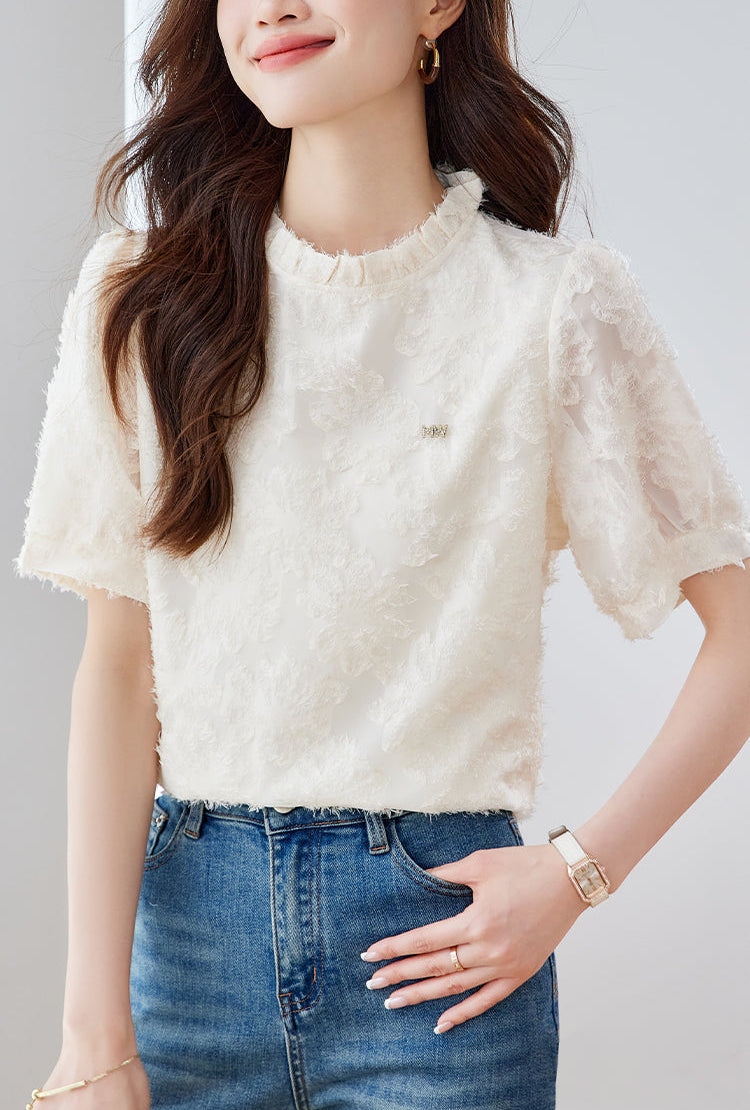 Elise Ruffled Mock-Neck Lace Blouse