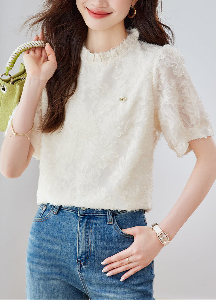 Elise Ruffled Mock-Neck Lace Blouse