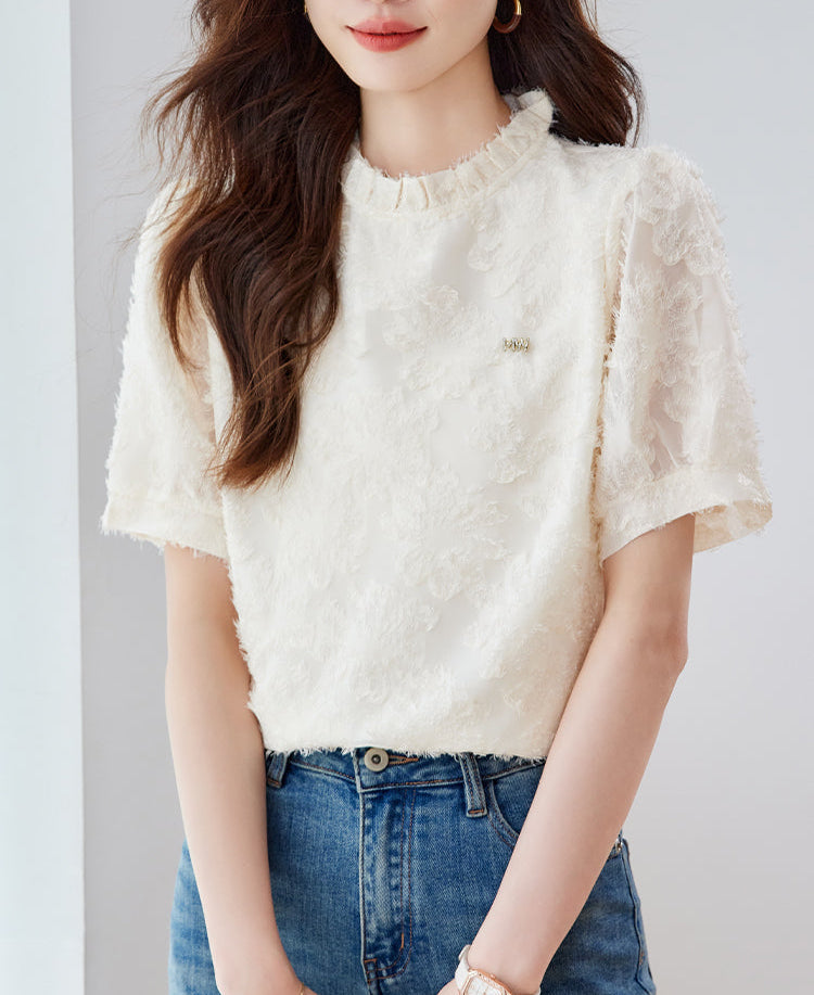 Elise Ruffled Mock-Neck Lace Blouse