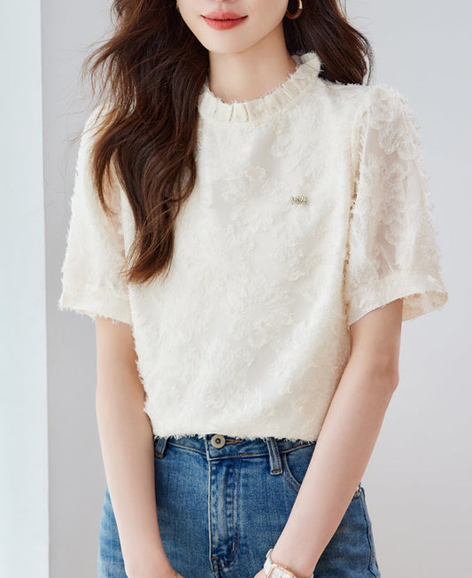 Elise Ruffled Mock-Neck Lace Blouse