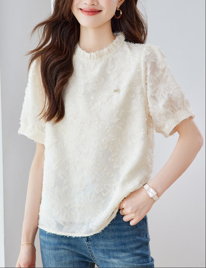 Elise Ruffled Mock-Neck Lace Blouse