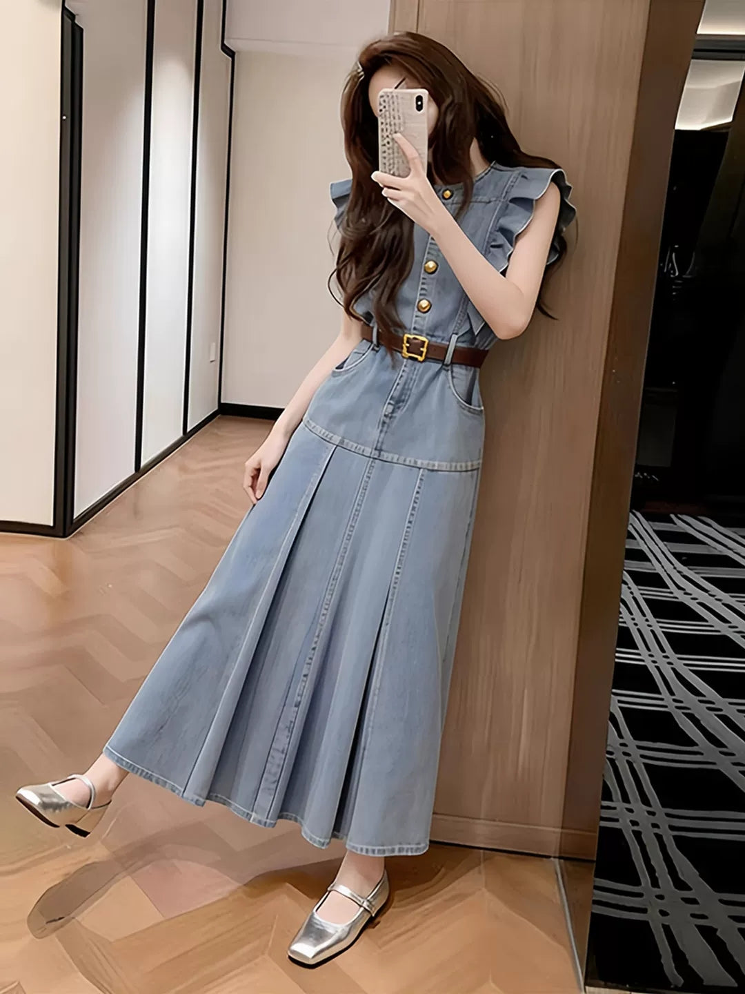 Ruffled Trim Sleeve Denim Dress