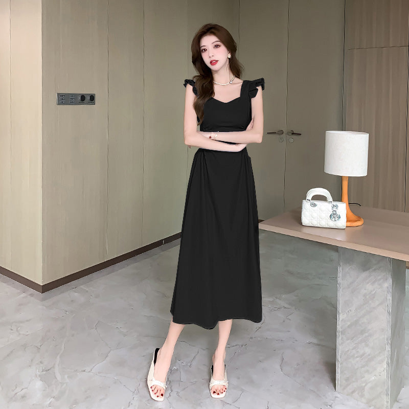 Side-Ruched Ruffle Strap Midi Dress