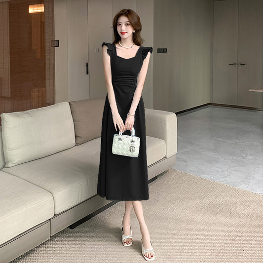 Side-Ruched Ruffle Strap Midi Dress