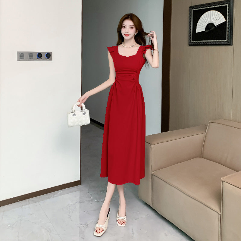 Side-Ruched Ruffle Strap Midi Dress