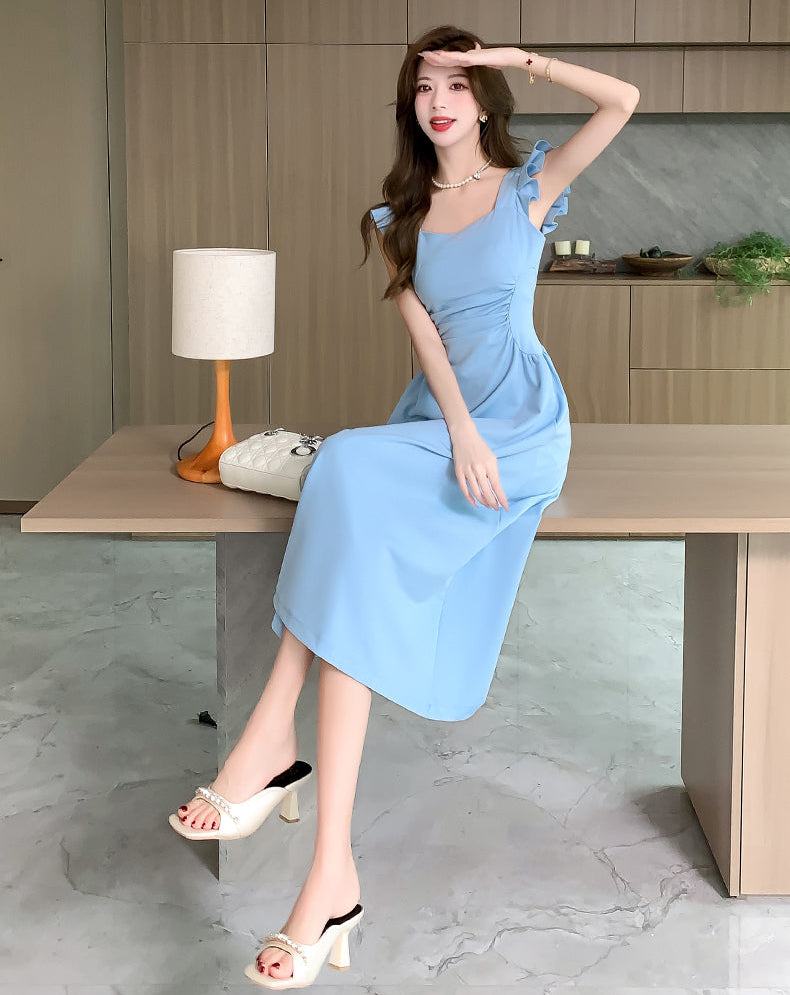 Side-Ruched Ruffle Strap Midi Dress