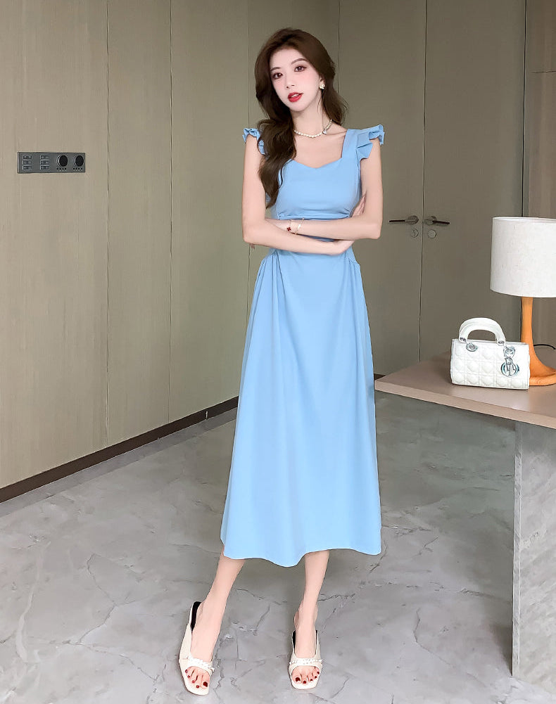 Side-Ruched Ruffle Strap Midi Dress