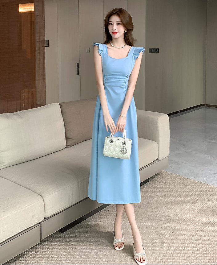 Side-Ruched Ruffle Strap Midi Dress