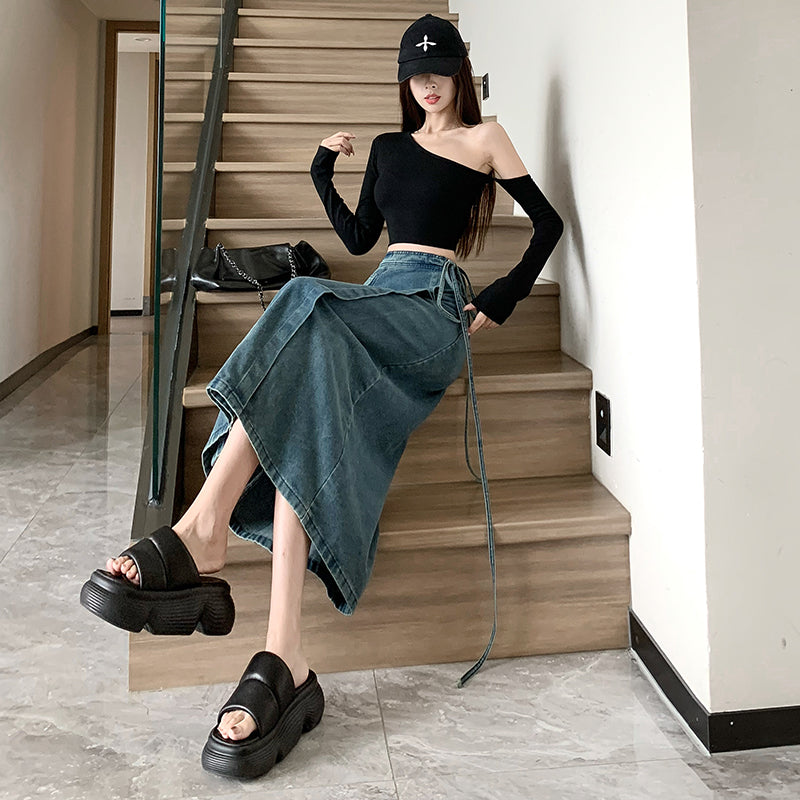 High-Waist Denim Wrap Midi Skirt With Side-Tie Detail