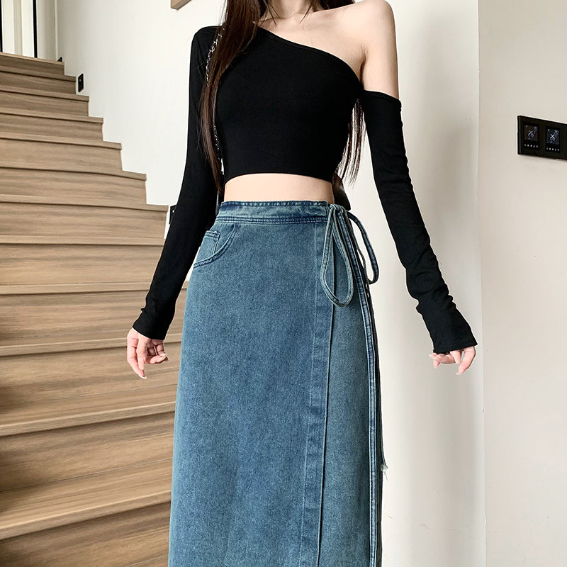 High-Waist Denim Wrap Midi Skirt With Side-Tie Detail