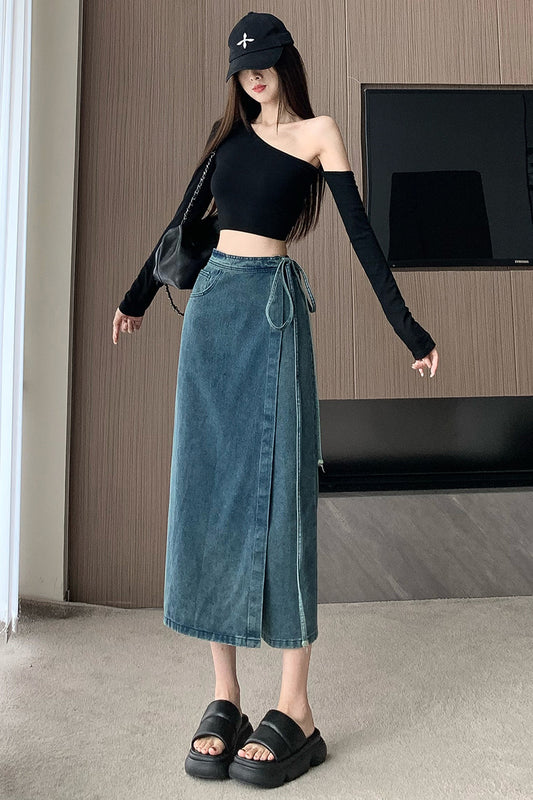 High-Waist Denim Wrap Midi Skirt With Side-Tie Detail