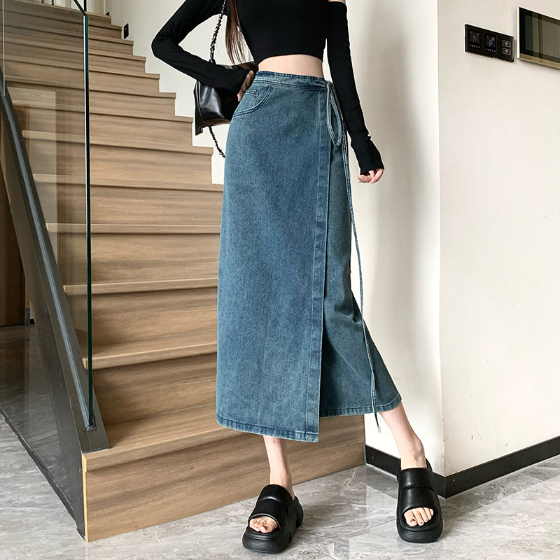 High-Waist Denim Wrap Midi Skirt With Side-Tie Detail