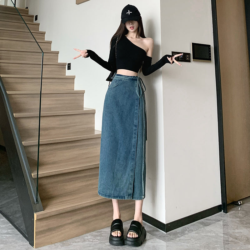 High-Waist Denim Wrap Midi Skirt With Side-Tie Detail
