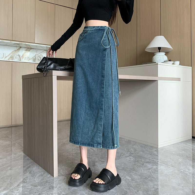 High-Waist Denim Wrap Midi Skirt With Side-Tie Detail