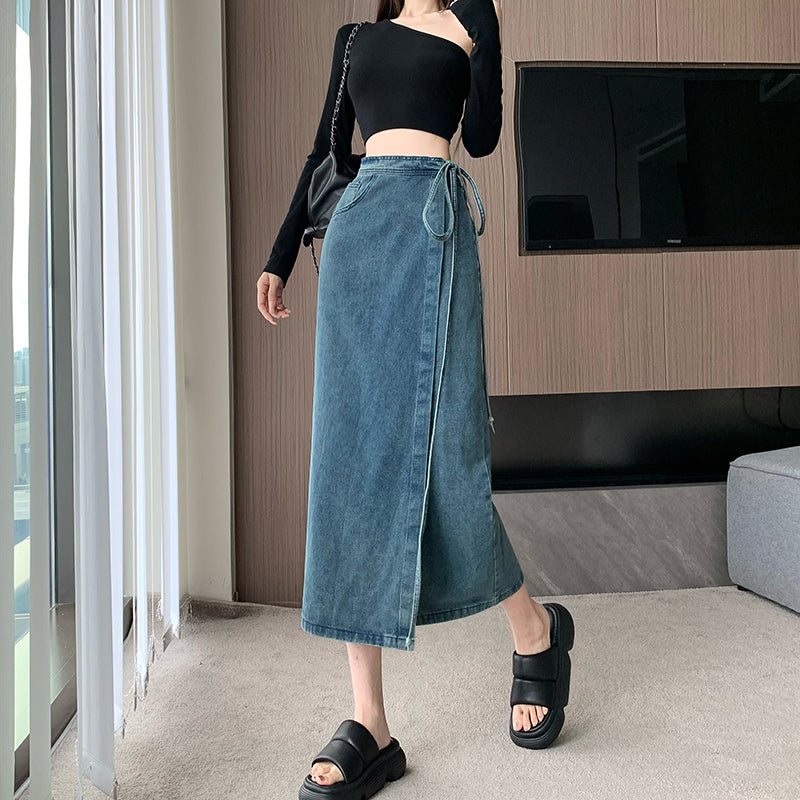 High-Waist Denim Wrap Midi Skirt With Side-Tie Detail