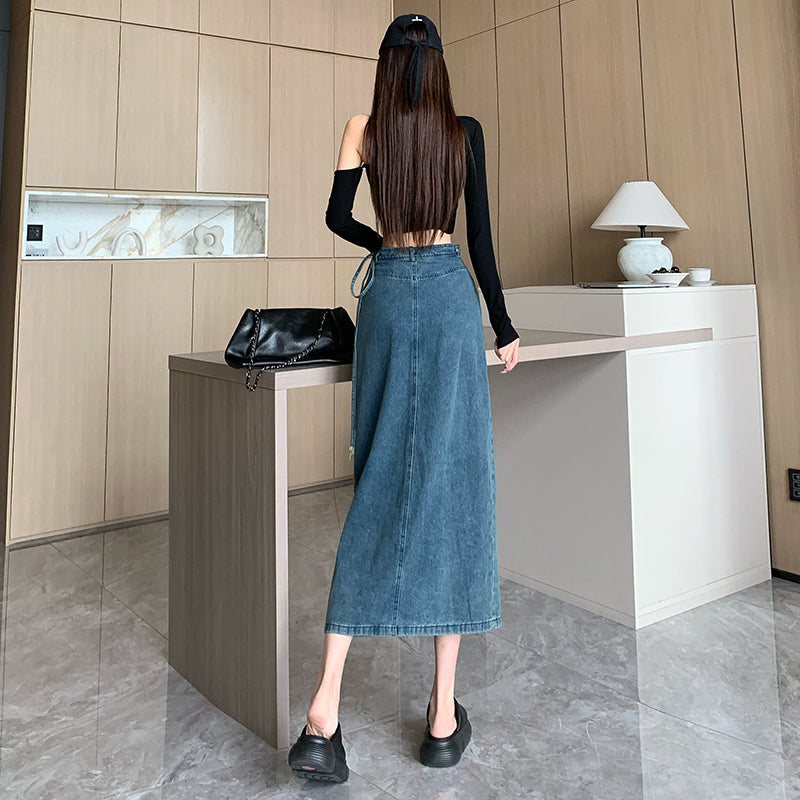 High-Waist Denim Wrap Midi Skirt With Side-Tie Detail