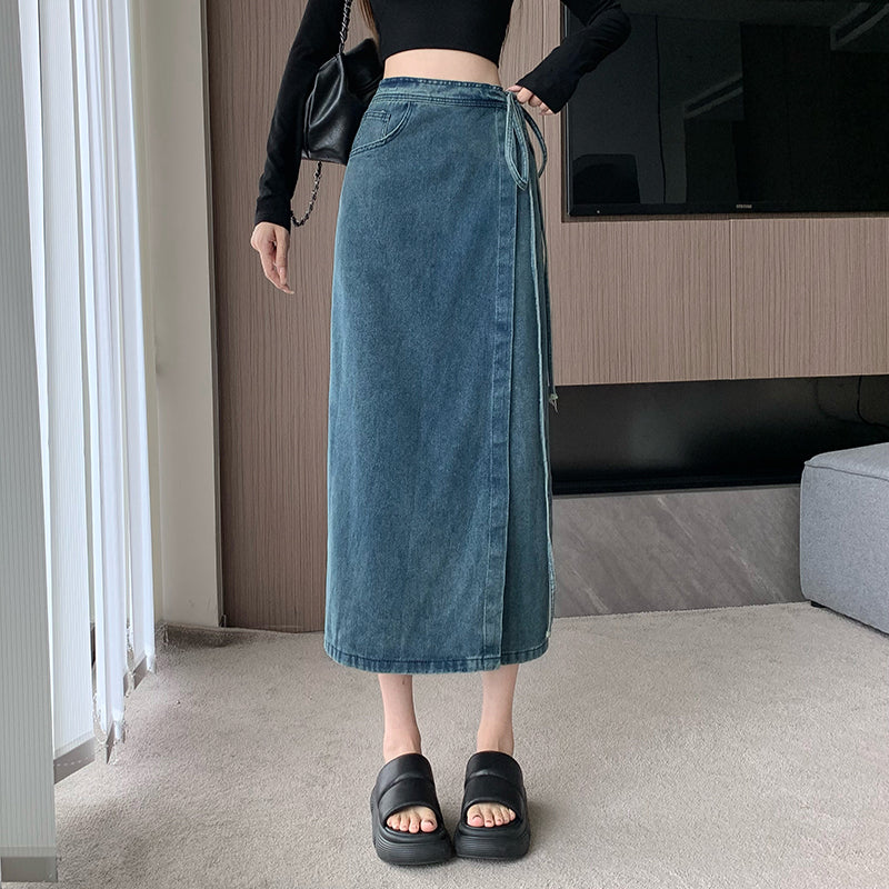 High-Waist Denim Wrap Midi Skirt With Side-Tie Detail