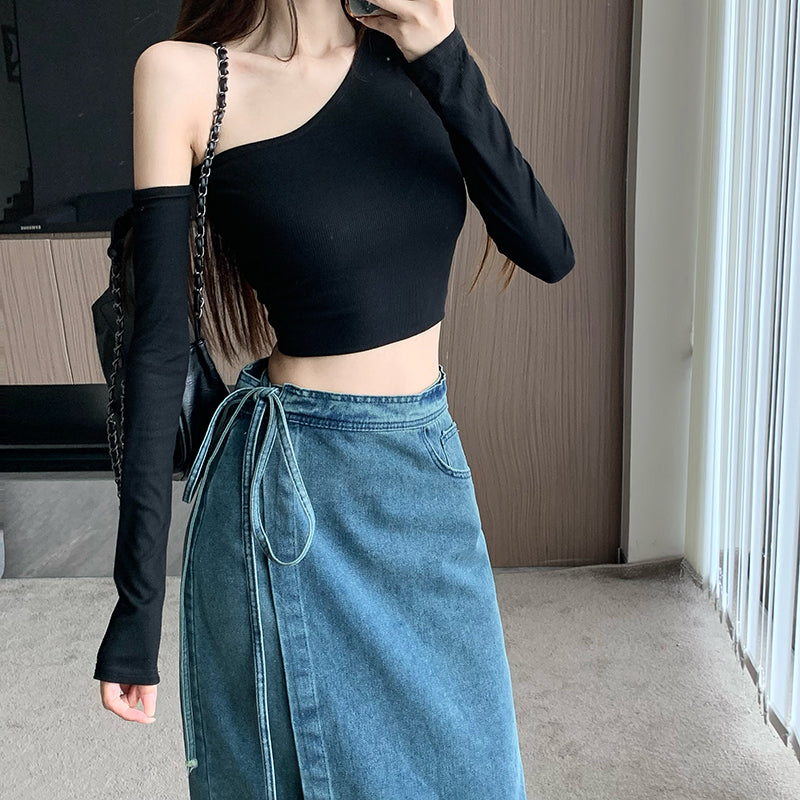 High-Waist Denim Wrap Midi Skirt With Side-Tie Detail