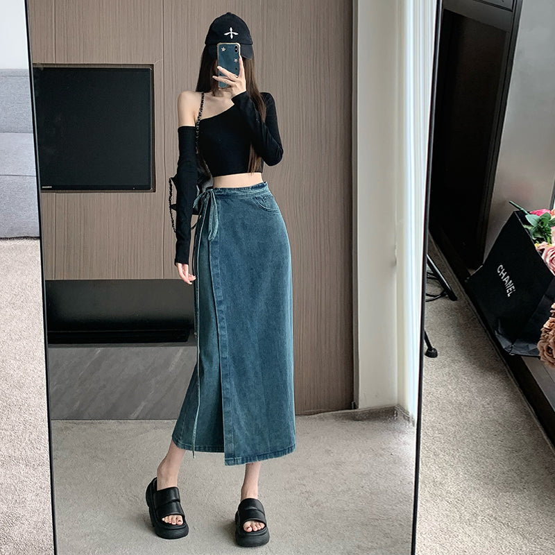 High-Waist Denim Wrap Midi Skirt With Side-Tie Detail
