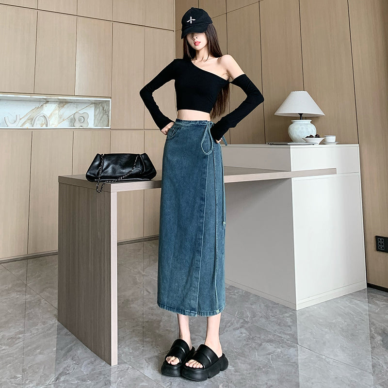 High-Waist Denim Wrap Midi Skirt With Side-Tie Detail
