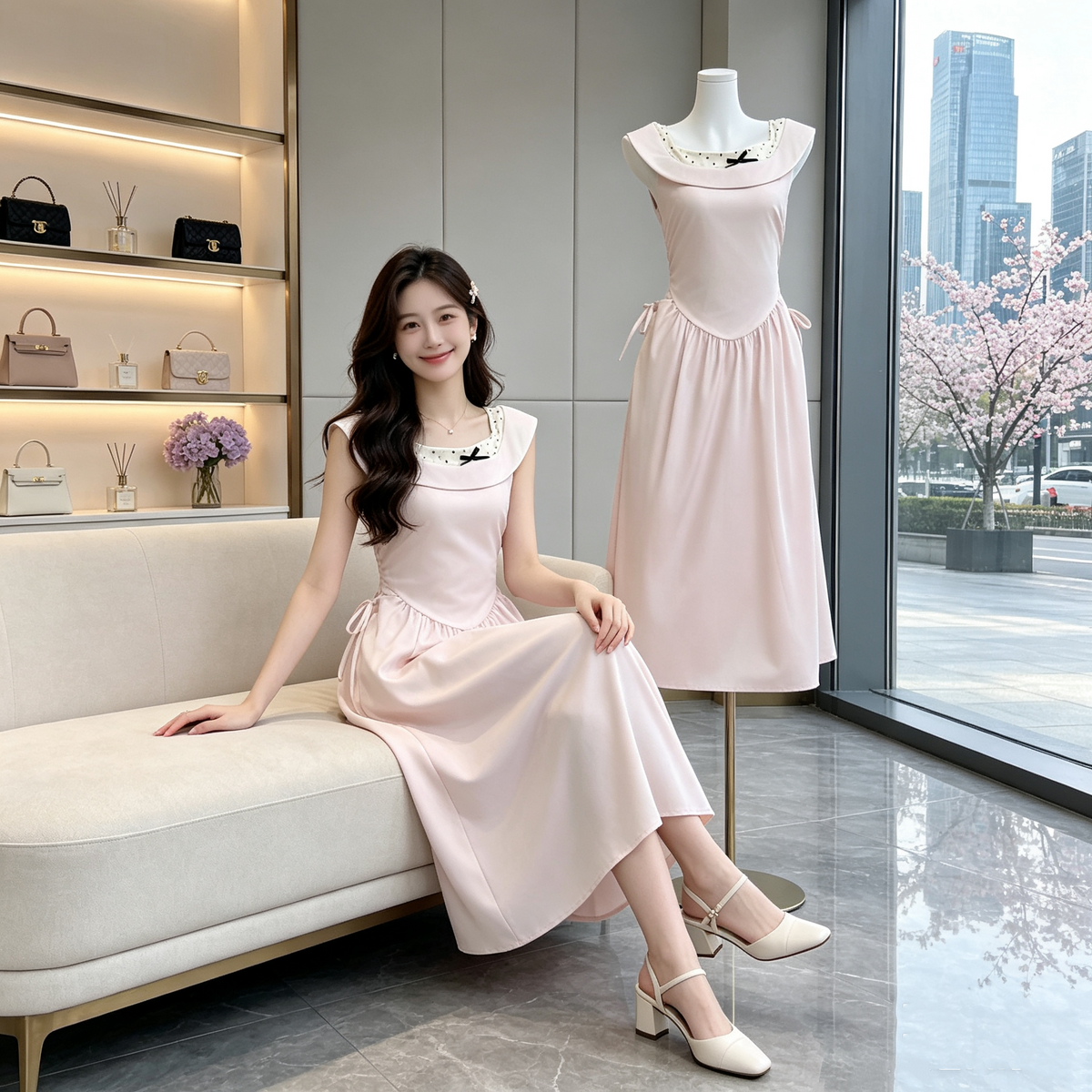 French Vintage Fold-Neck Midi Dress