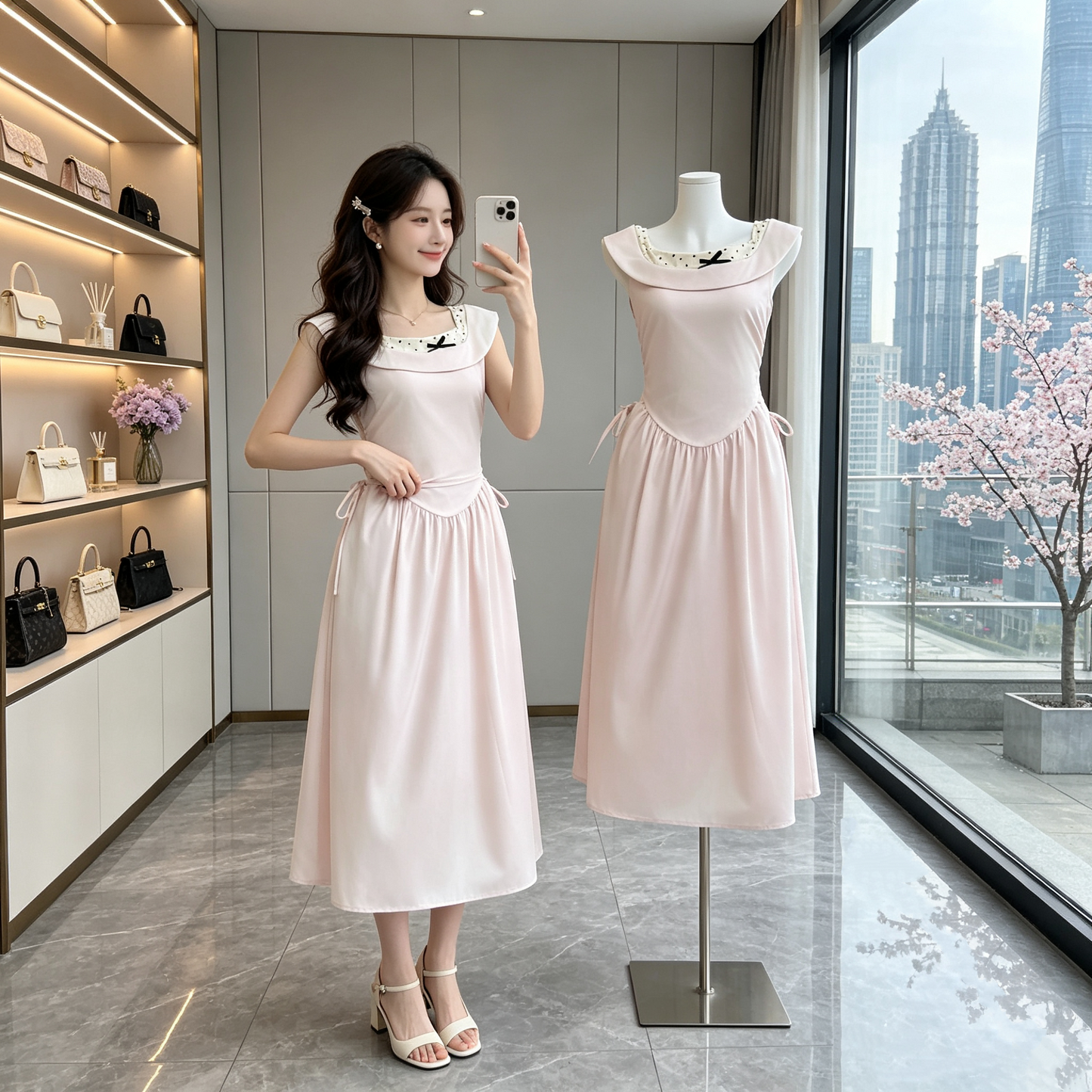 French Vintage Fold-Neck Midi Dress