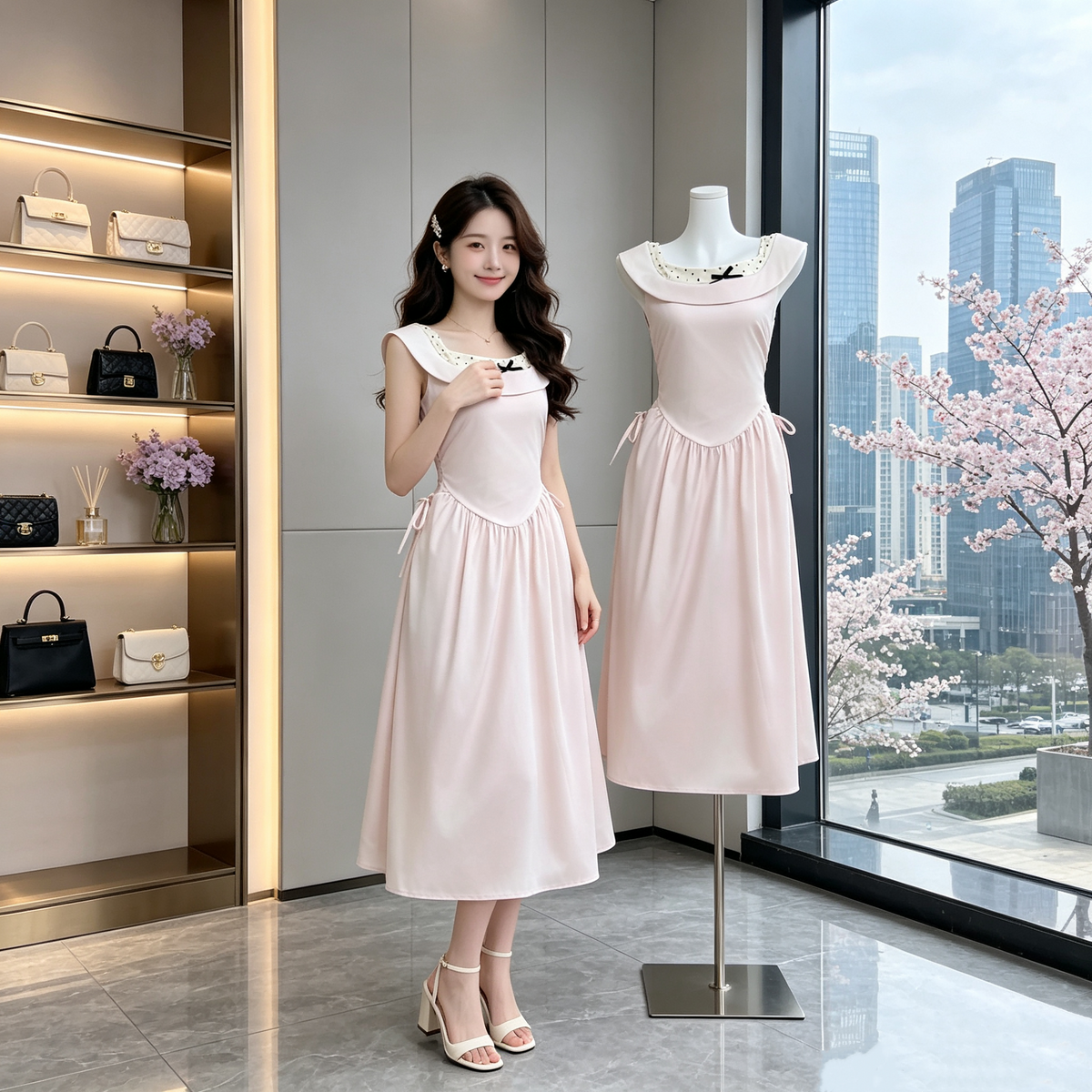 French Vintage Fold-Neck Midi Dress