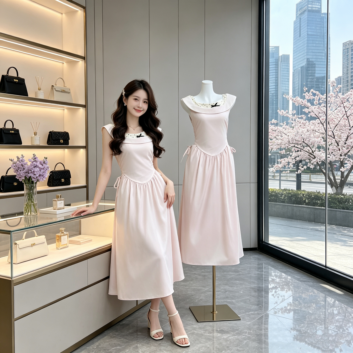French Vintage Fold-Neck Midi Dress