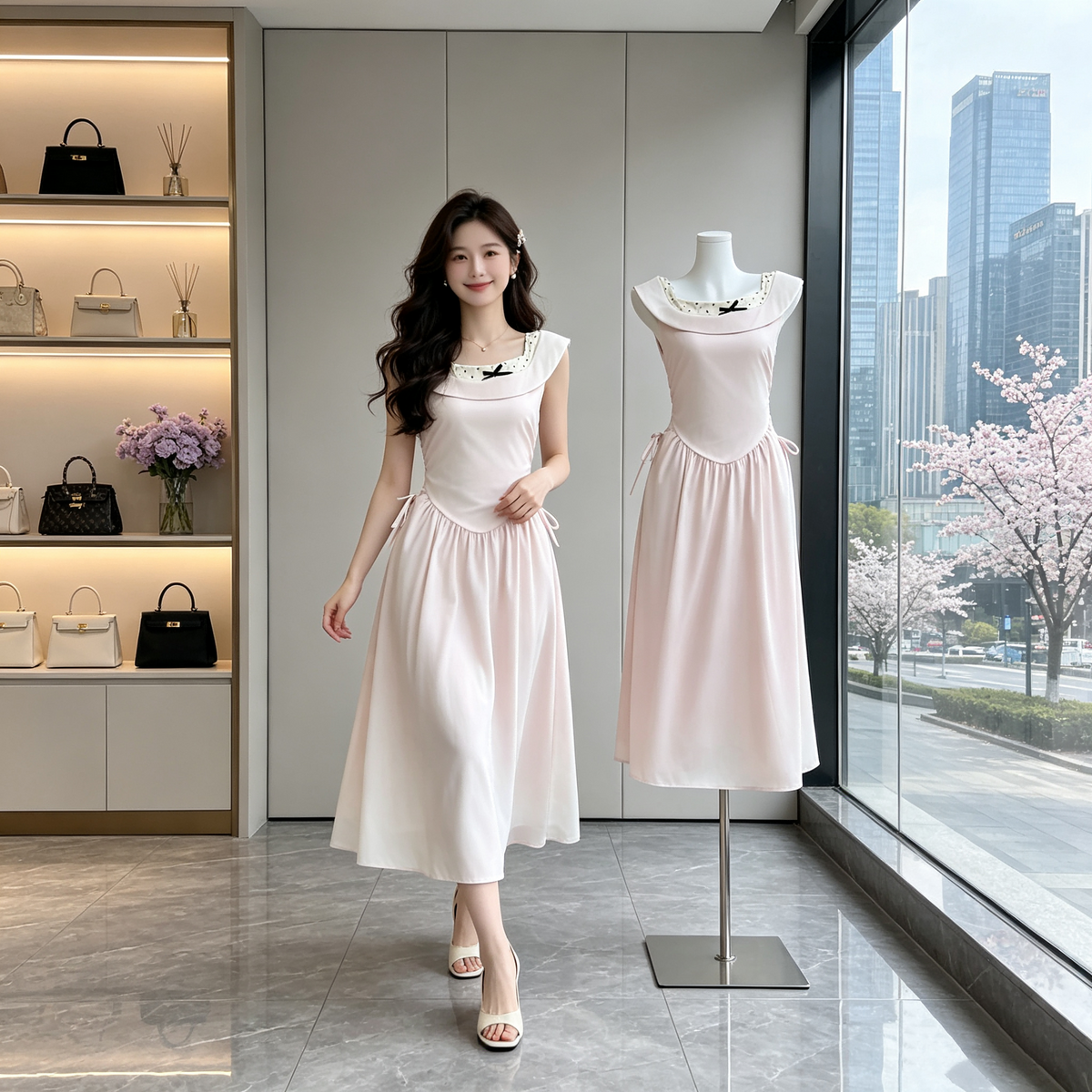 French Vintage Fold-Neck Midi Dress