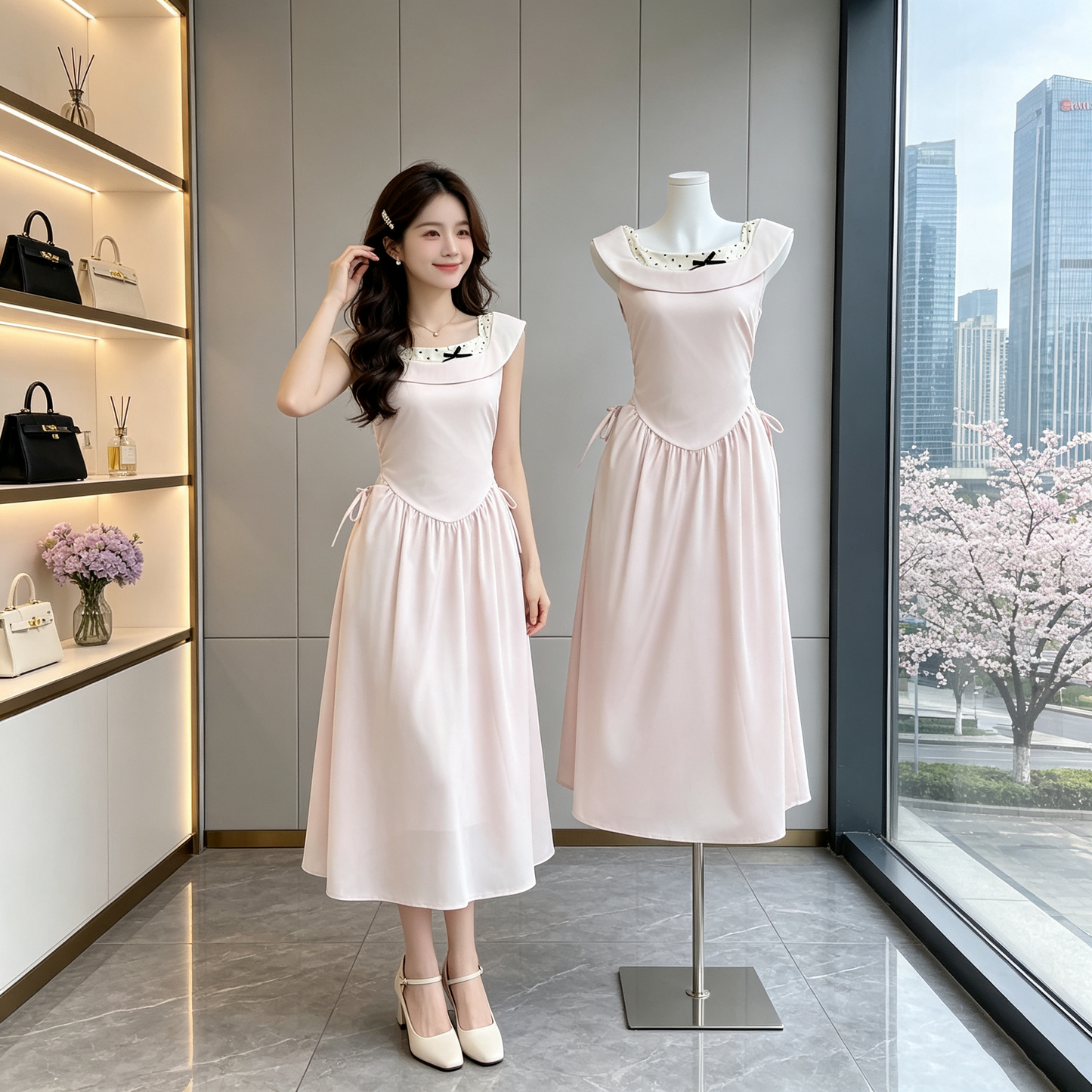 French Vintage Fold-Neck Midi Dress