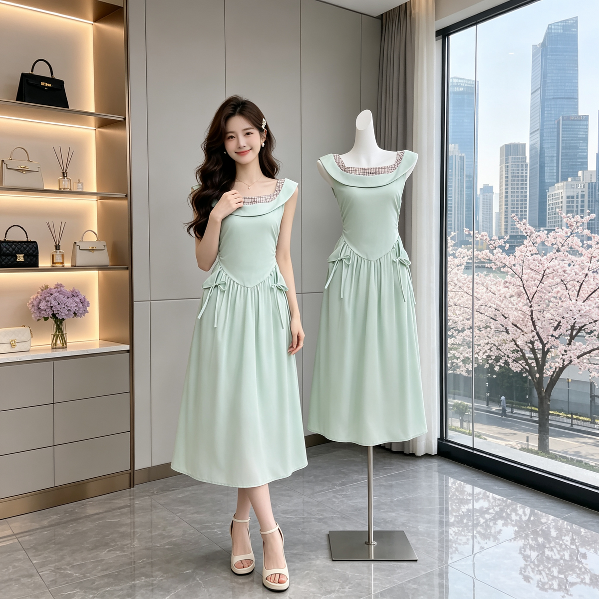 French Vintage Fold-Neck Midi Dress