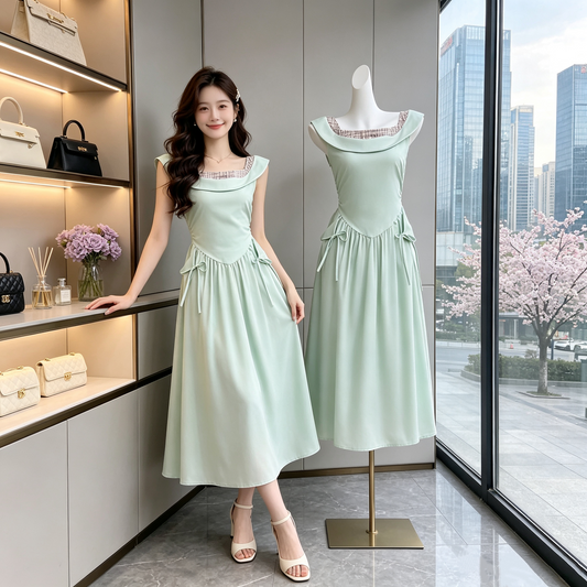 French Vintage Fold-Neck Midi Dress