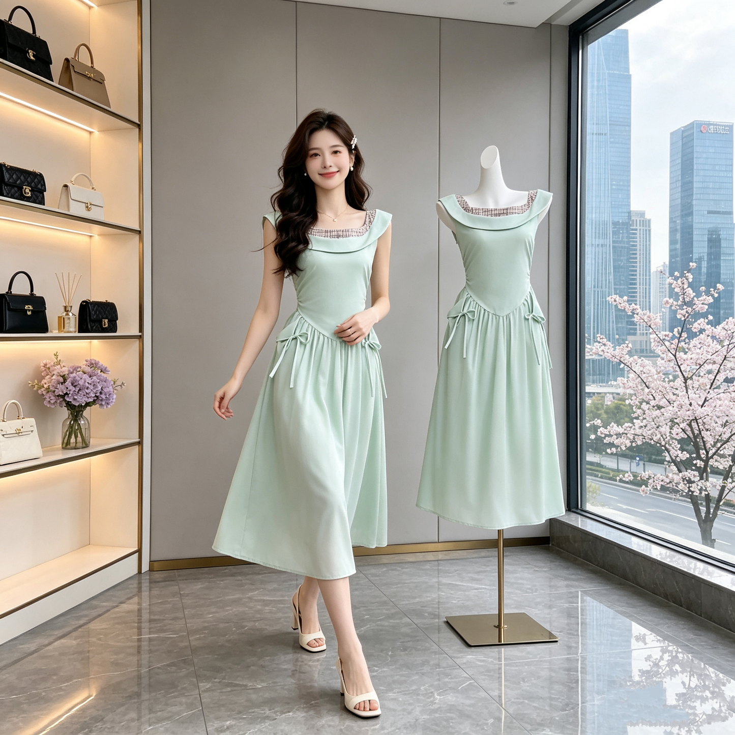 French Vintage Fold-Neck Midi Dress