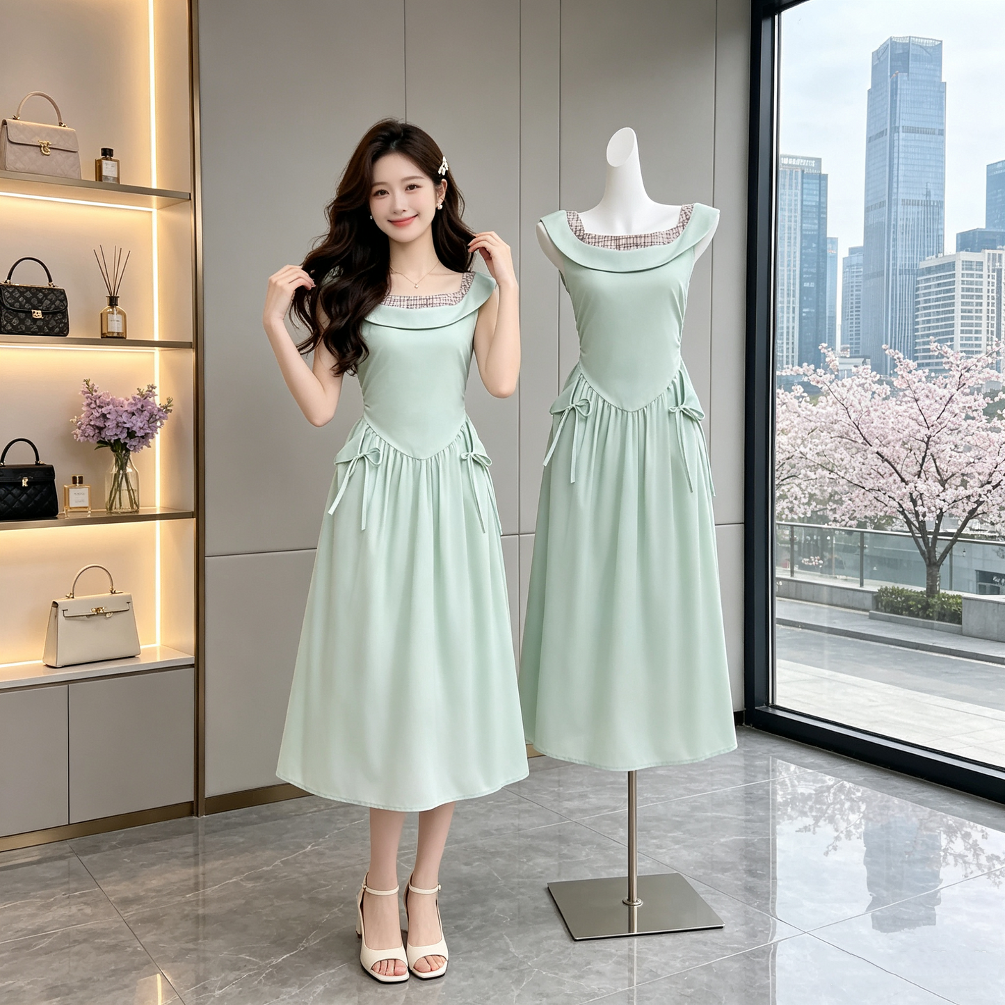 French Vintage Fold-Neck Midi Dress