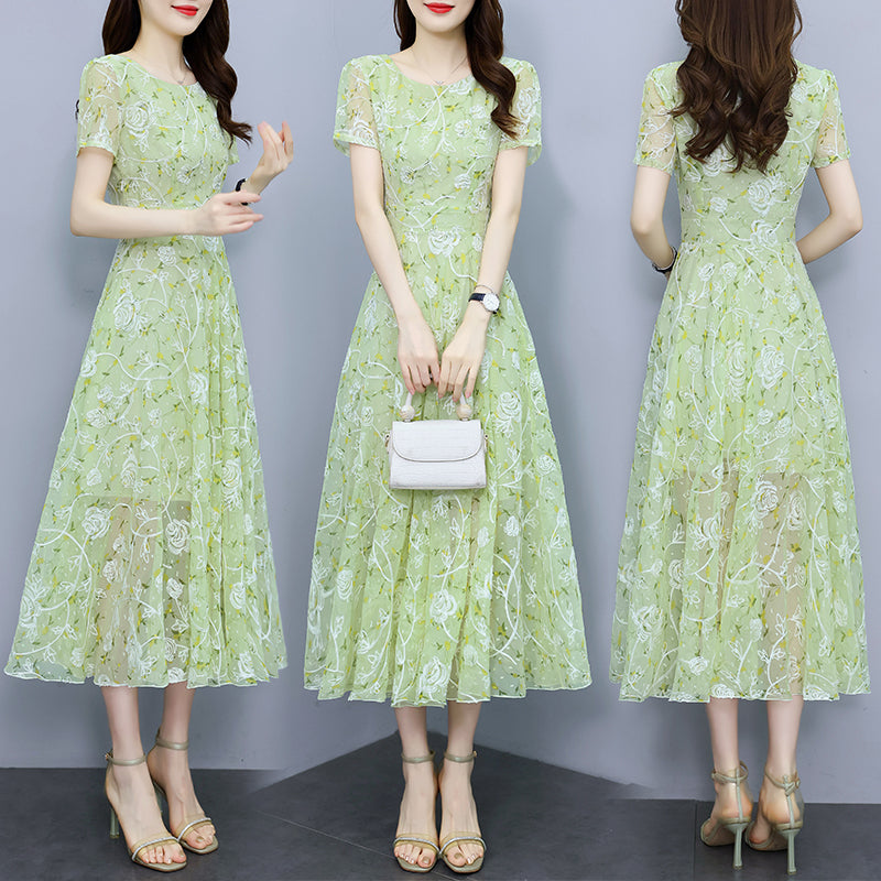 Sage Green Floral Mesh Short Sleeve Midi Dress - Elegant A-Line Garden Party Dress