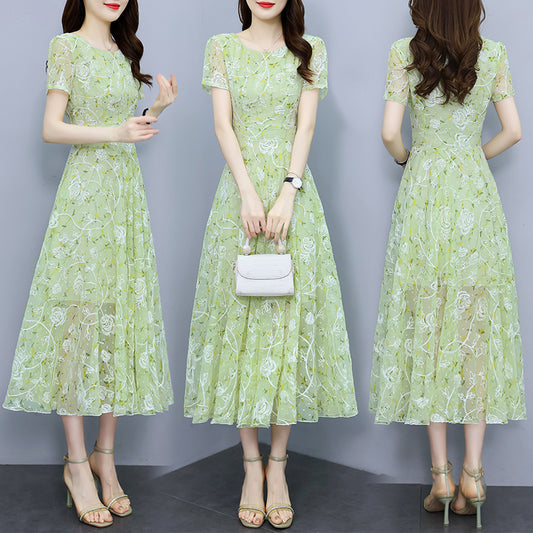 Sage Green Floral Mesh Short Sleeve Midi Dress - Elegant A-Line Garden Party Dress