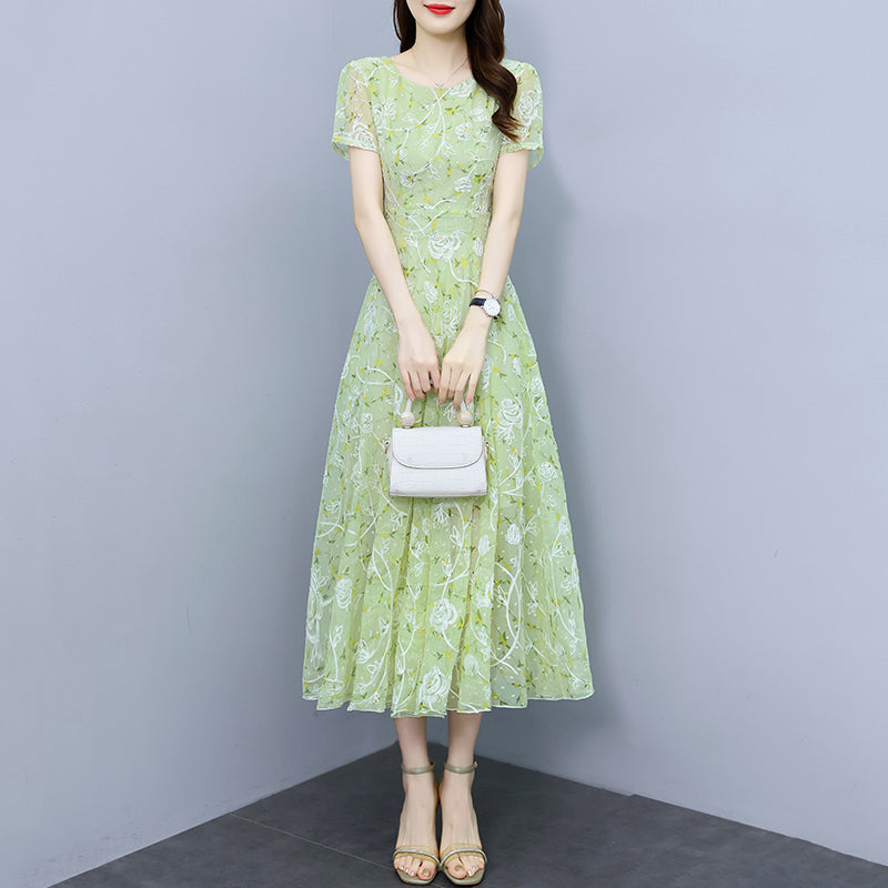 Sage Green Floral Mesh Short Sleeve Midi Dress - Elegant A-Line Garden Party Dress