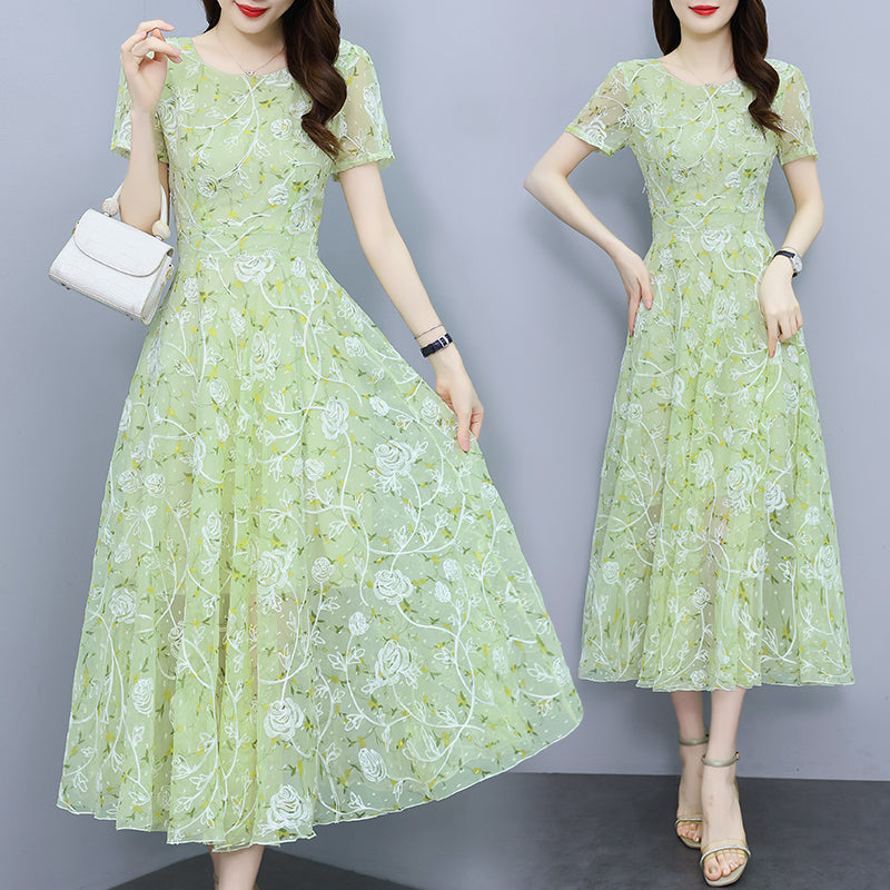 Sage Green Floral Mesh Short Sleeve Midi Dress - Elegant A-Line Garden Party Dress